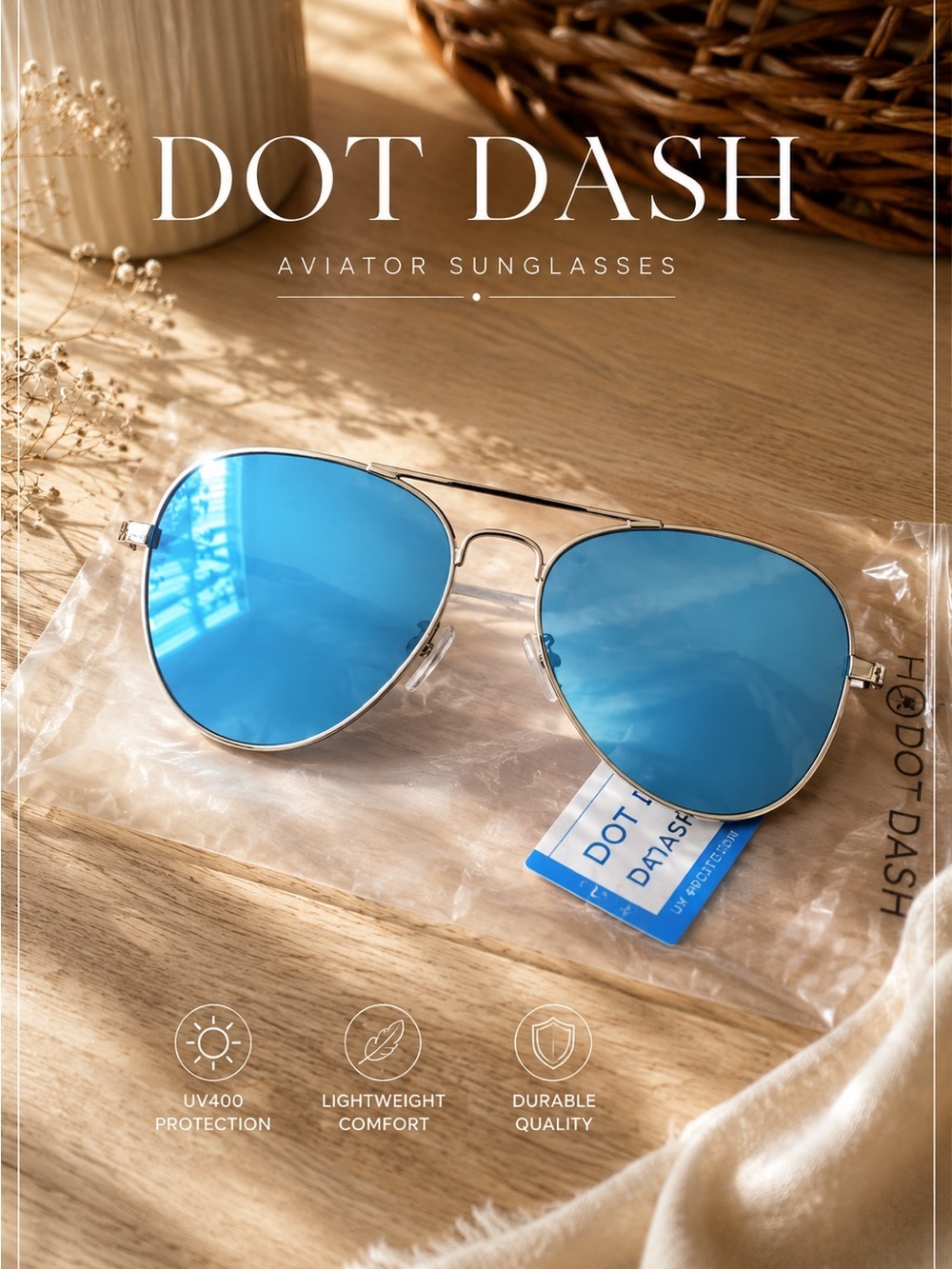 Dot Dash Blue Mirror Aviator Sunglasses UV400 Gold Frame NWT - Picture 2 of 6